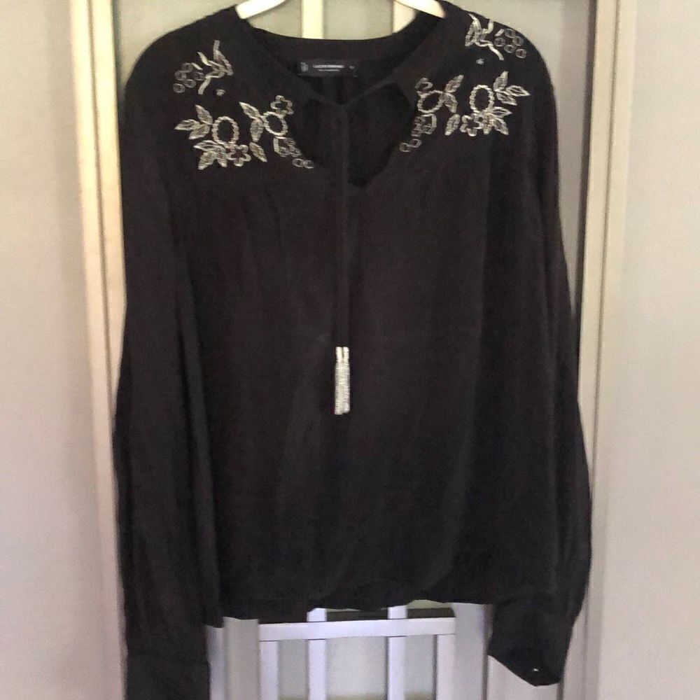 NWT Lucky brand black bohemian style blouse with tassel Ty size S embroidered